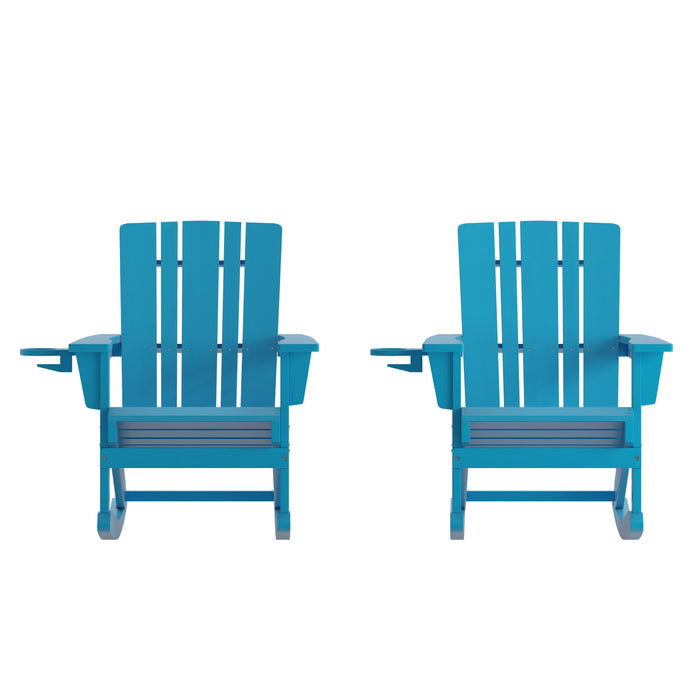 Haley Set of 2 Adirondack Rocking Chairs with Cup Holders, Weather Resistant HDPE Adirondack Rocking Chairs