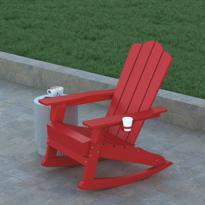 Haley Set of 2 Adirondack Rocking Chairs with Cup Holders, Weather Resistant HDPE Adirondack Rocking Chairs