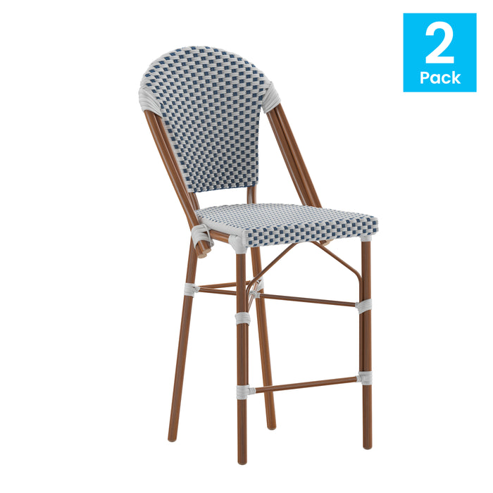Colmar Set of Two Indoor/Outdoor 26" High Stacking French Bistro Counter Stools with Patterned Seat and Back and Metal Frames