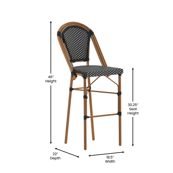 Soie Set of Two 30" High Stacking French Bistro Bar Stools with PE Seat and Back and Metal Frames for Indoor/Outdoor Use