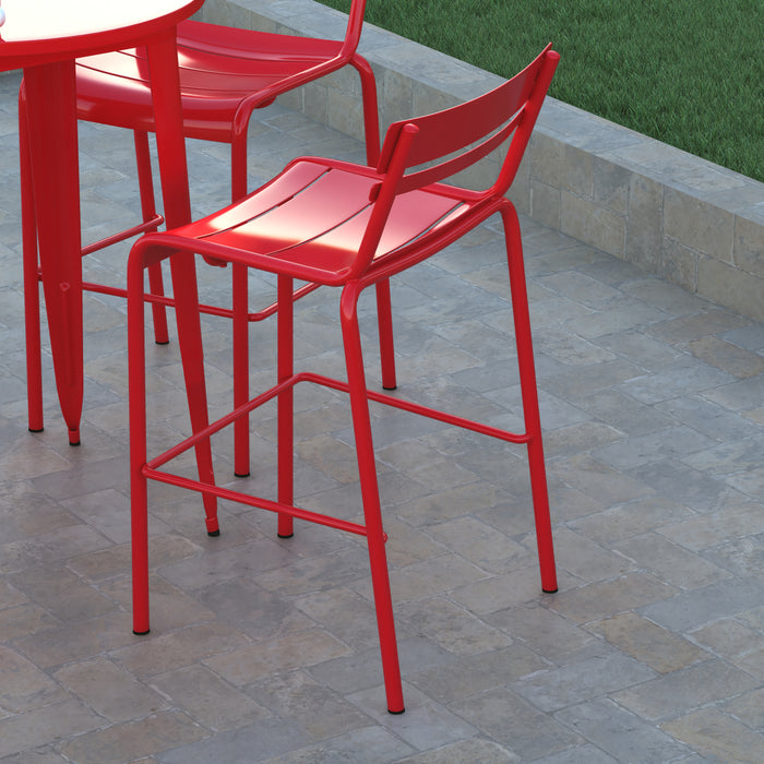 Rennes Armless Powder Coated Steel Stool with 2 Slat Back for Indoor-Outdoor Use