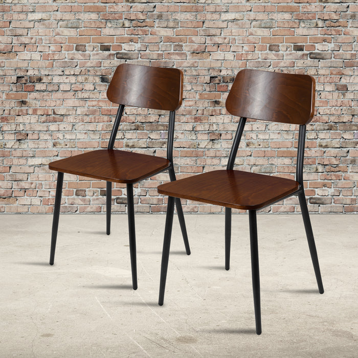 2 Pack Stackable Industrial Wood Dining Chair with Steel Frame