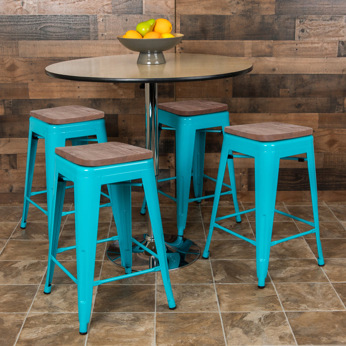 24" High Metal Counter-Height, Indoor Bar Stool with Wood Seat - Stackable Set of 4