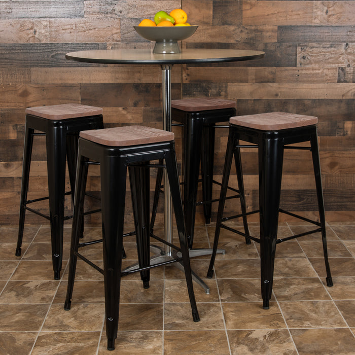 30" High Metal Indoor Bar Stool with Wood Seat - Stackable Set of 4