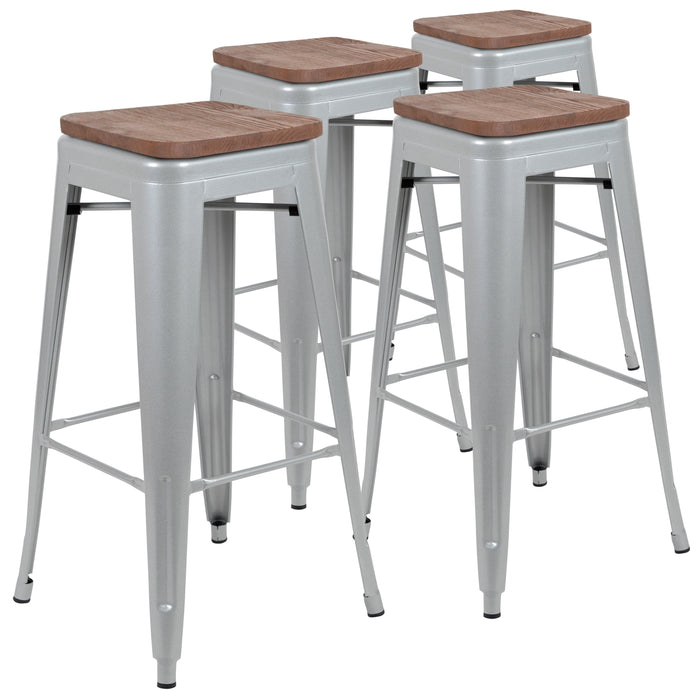 30" High Metal Indoor Bar Stool with Wood Seat - Stackable Set of 4