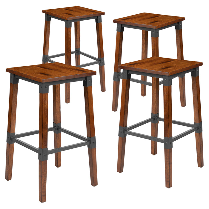 4 Pack Commercial Grade Rustic Industrial Style Backless Wood Barstool
