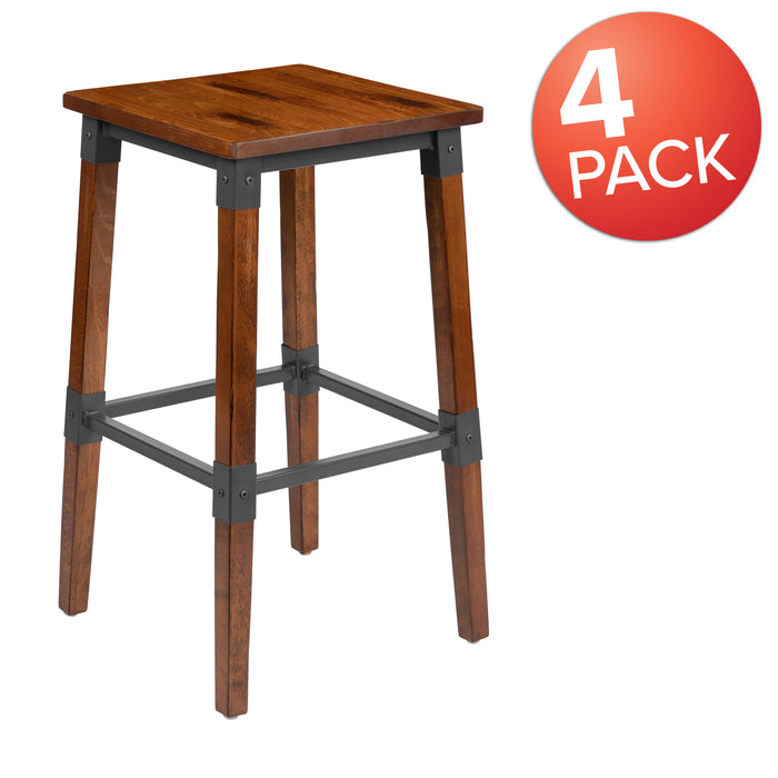 4 Pack Commercial Grade Rustic Industrial Style Backless Wood Barstool
