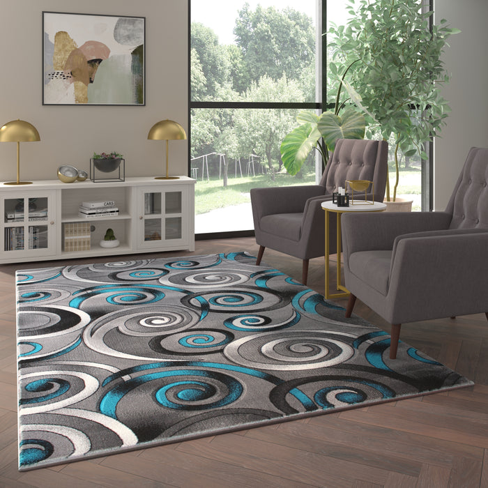 Mira Contemporary Olefin Accent Rug with Modern Swirl Design and Natural Jute Backing