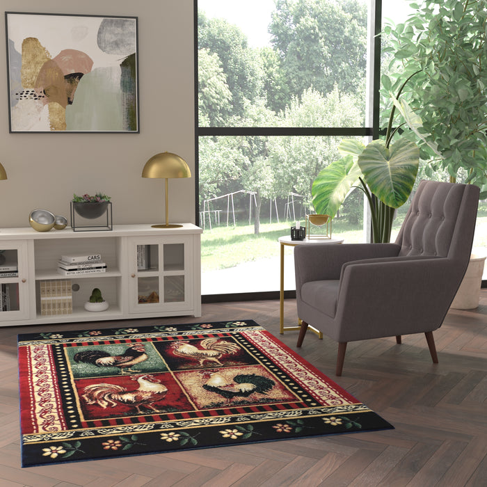 Welsummer Rustic Farmhouse Plush Olefin Accent Rug with Rooster Design and Floral Borders and Natural Jute Backing