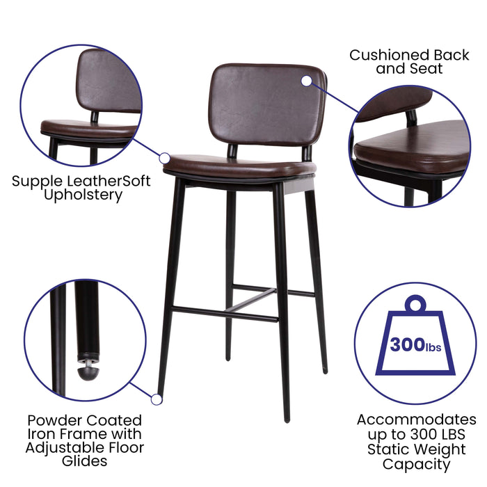 Set of 2 LeatherSoft Barstools with Iron Frame-Integrated Footrest