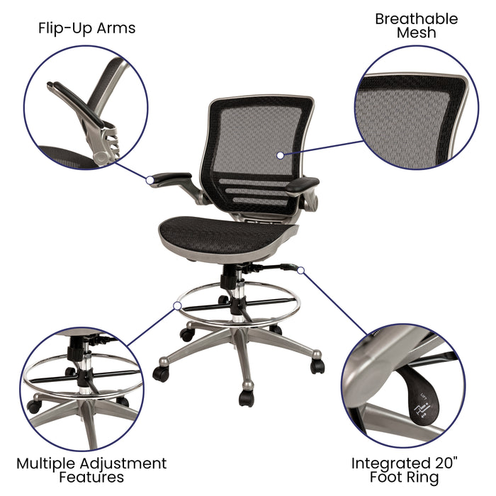 Mid-Back Transparent Mesh Drafting Chair with Flip-Up Arms