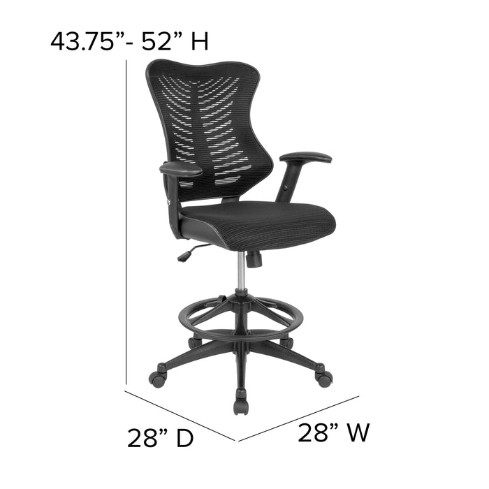 High Back Designer Mesh Drafting Chair with Leather Sides and Adjustable Arms