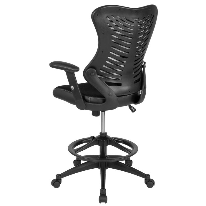 High Back Designer Mesh Drafting Chair with Leather Sides and Adjustable Arms