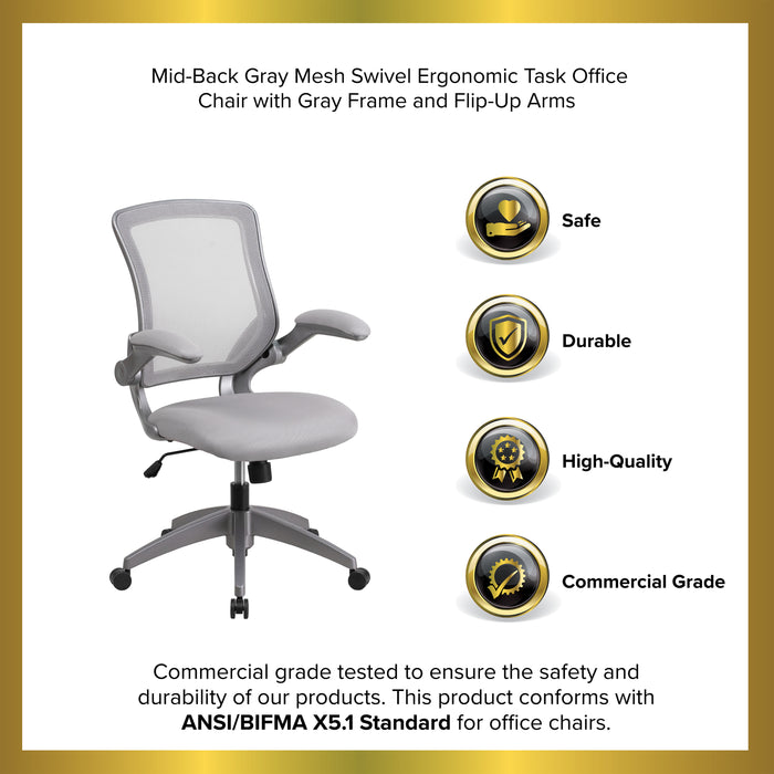 Mid-Back Mesh Swivel Ergonomic Task Office Chair with Gray Frame & Flip-Up Arms