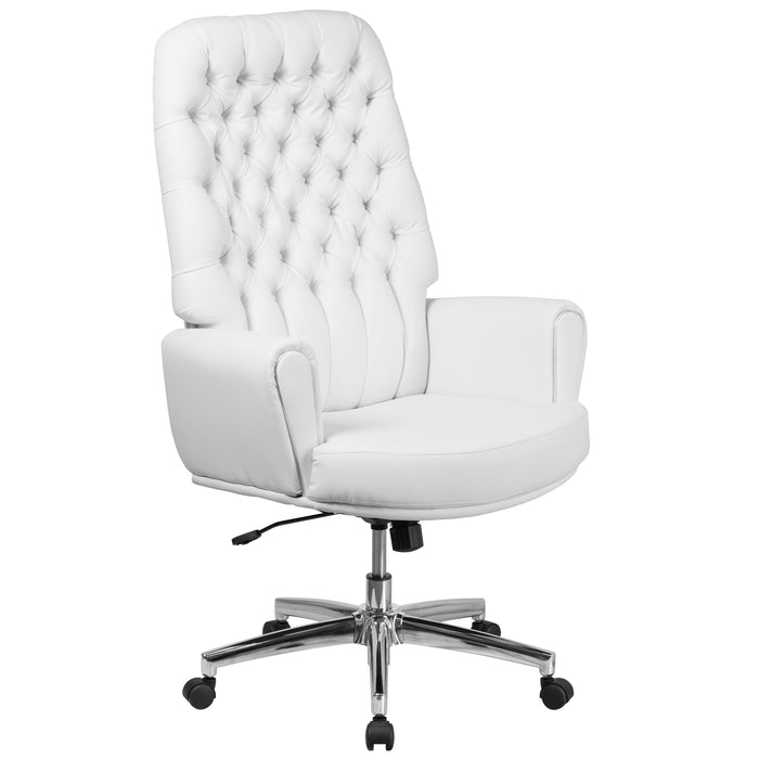 High Back Traditional Tufted LeatherSoft Swivel Office Chair Silver Welt Arms