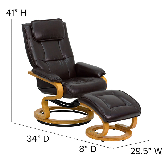 Multi-Position Recliner & Ottoman with Swivel Maple Wood Base