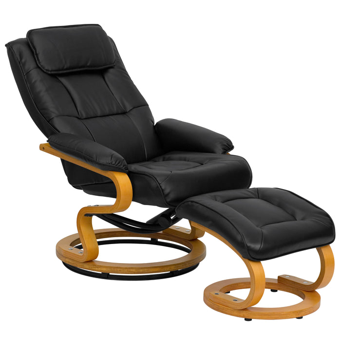 Multi-Position Recliner & Ottoman with Swivel Maple Wood Base