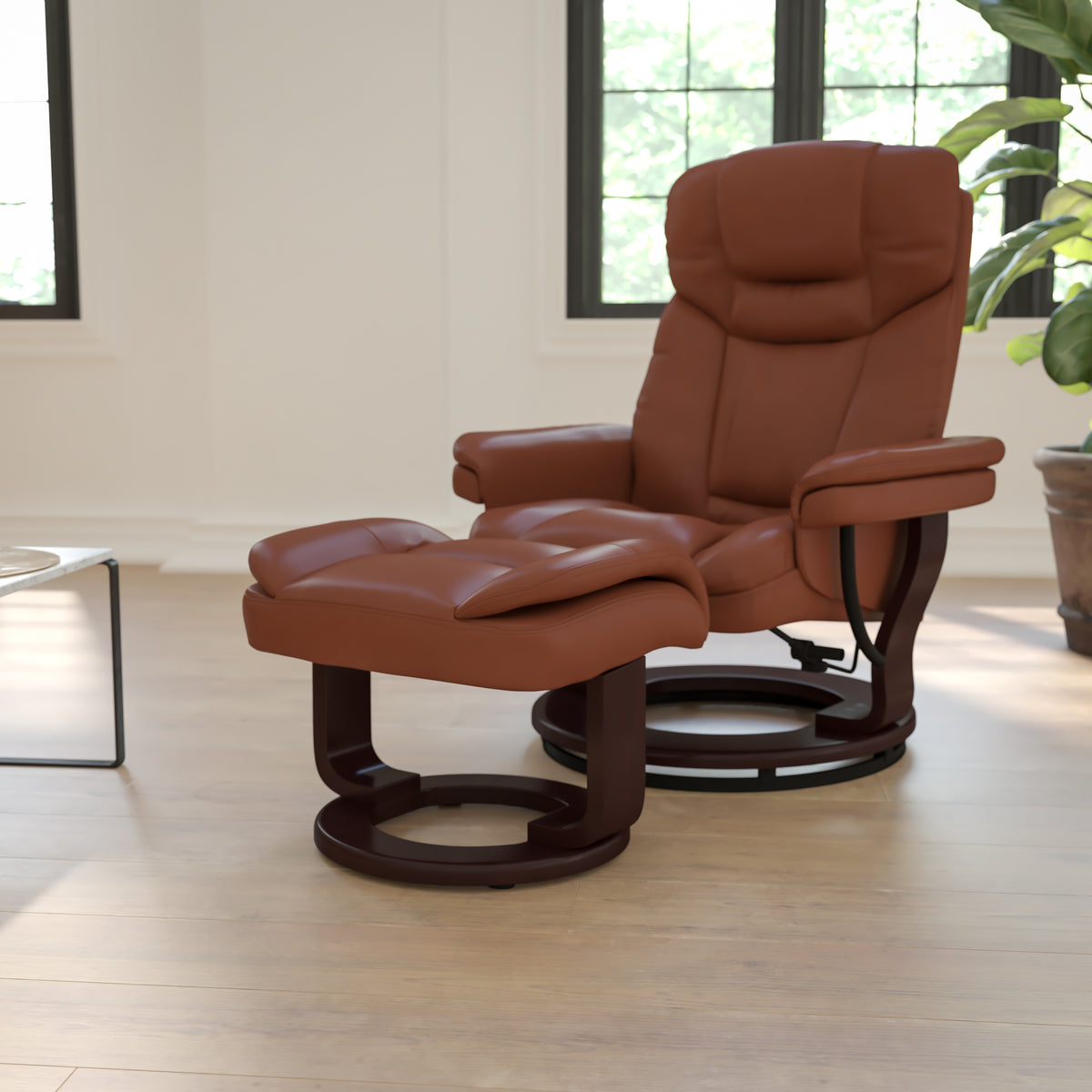 Multi-Position Recliner & Curved Ottoman with Swivel Wood Base