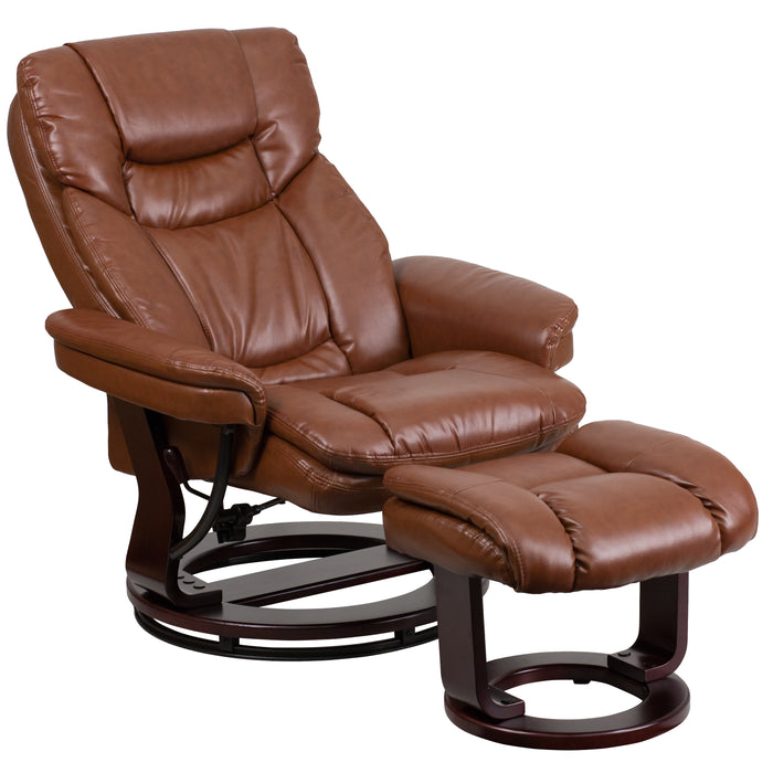 Multi-Position Recliner & Curved Ottoman with Swivel Wood Base