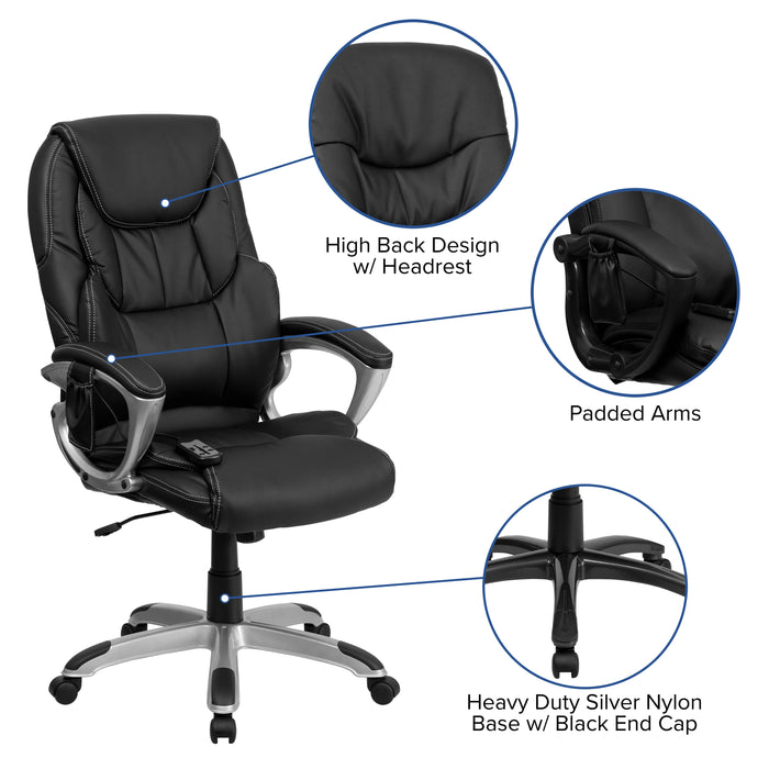 High Back Ergonomic Massaging Leather Executive Swivel Office Chair with Silver Base and Arms