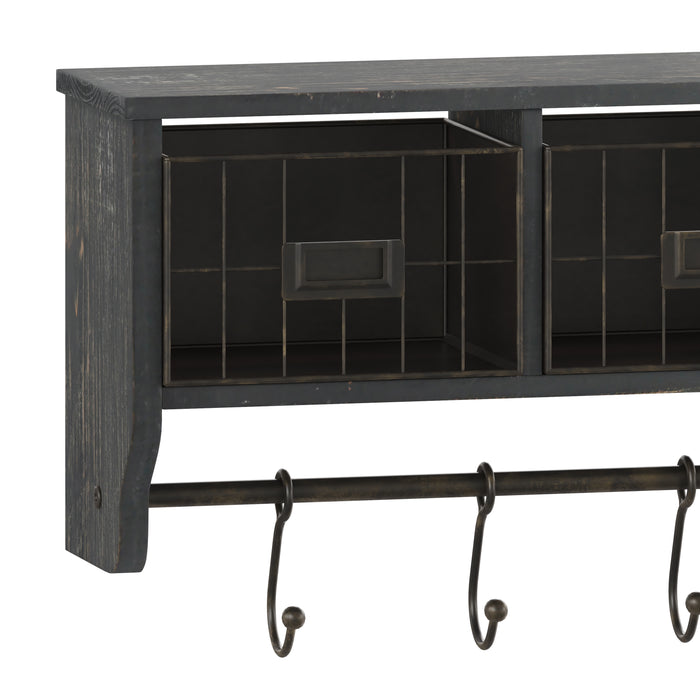 Mulhall Rustic Country Wall Mounted Shelf with 5 Adjustable Sliding Hooks and Three Wire Storage Baskets