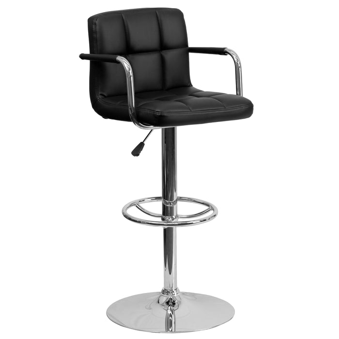 Contemporary Quilted Vinyl Adjustable Height Barstool with Arms