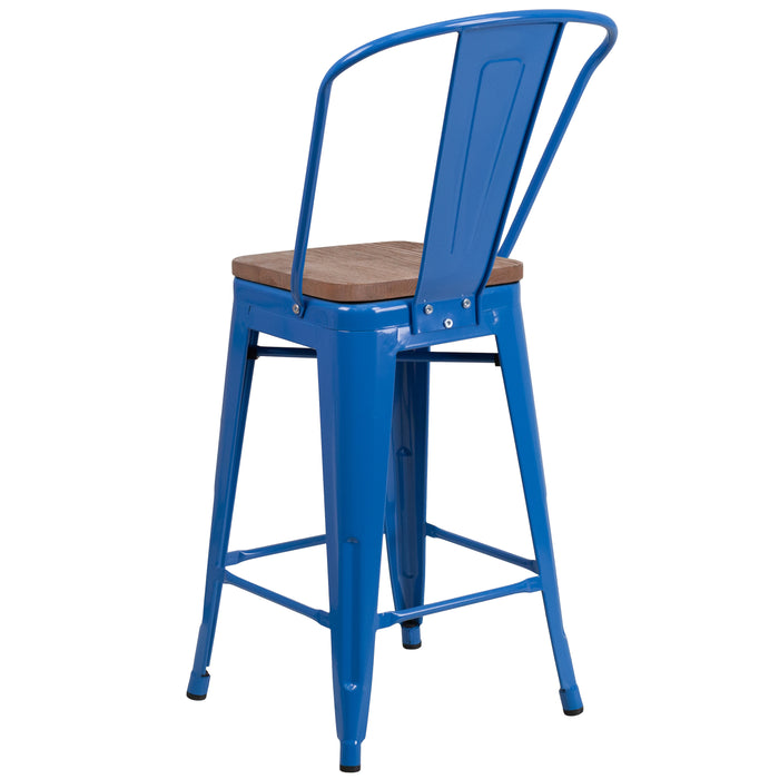 24"H Metal Counter Height Stool with Back and Square Wood Seat