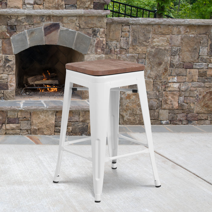 24"H Backless Metal Counter Height Stool with Wood Seat