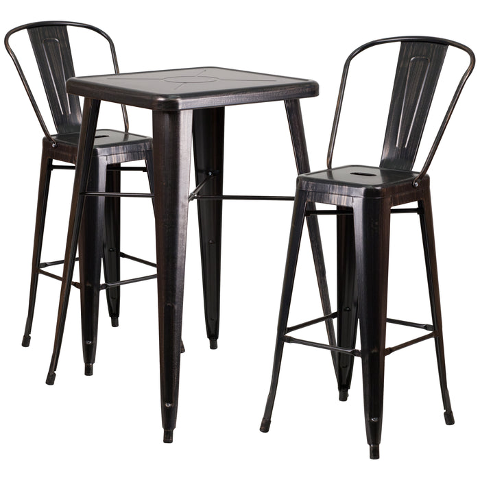 Commercial Grade 23.75" Square Metal Indoor-Outdoor Bar Table Set, 2 Back Stools