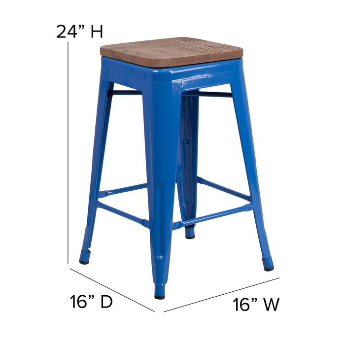 24"H Backless Metal Counter Height Stool with Wood Seat