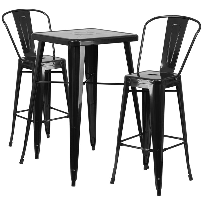 Commercial Grade 23.75" Square Metal Indoor-Outdoor Bar Table Set, 2 Back Stools