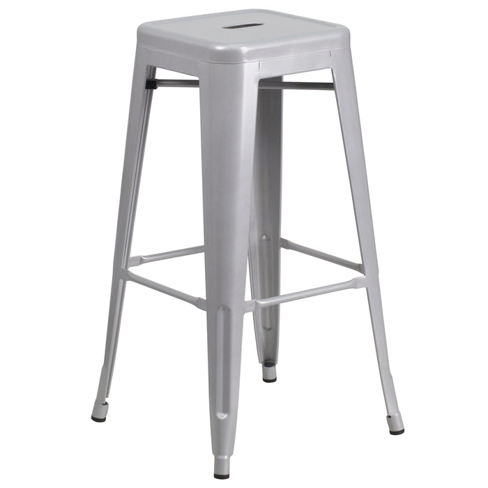 Commercial Grade 23.75" Square Metal Indoor-Outdoor Bar Set & 2 Backless Stools