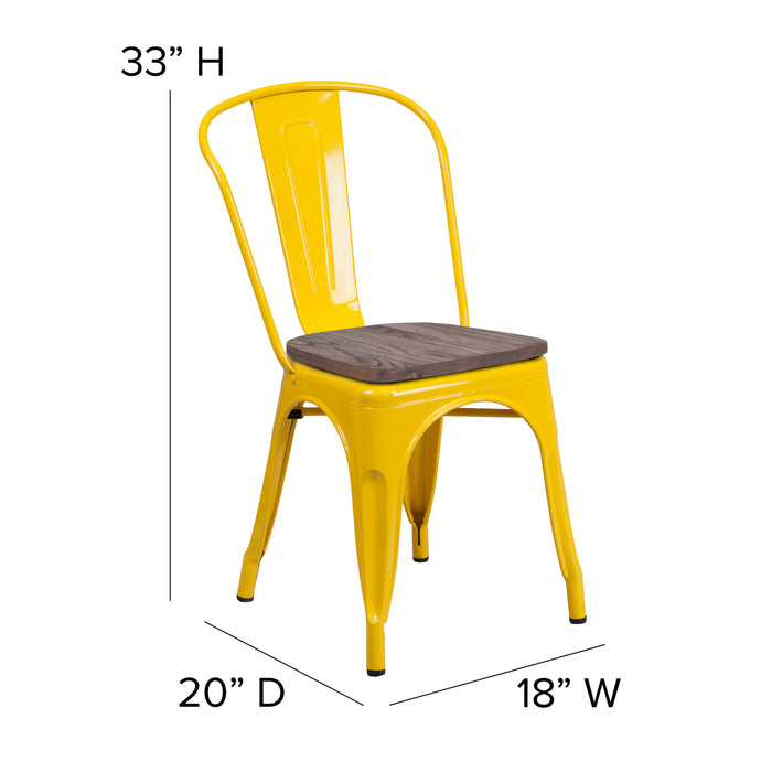 Colorful Metal Stackable Dining Chair with Wood Seat