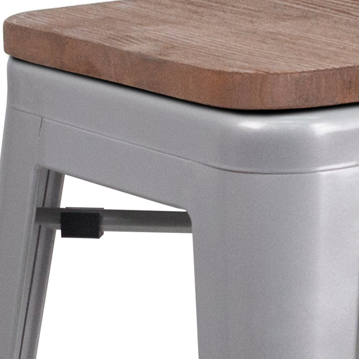 30"H Backless Metal Barstool with Wood Seat