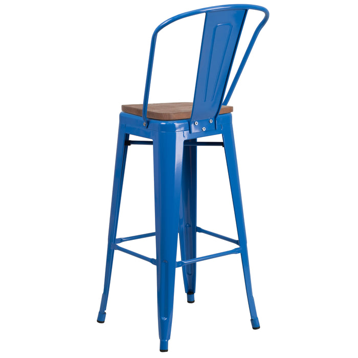 30"H Metal Dining Barstool with Back and Square Wood Seat