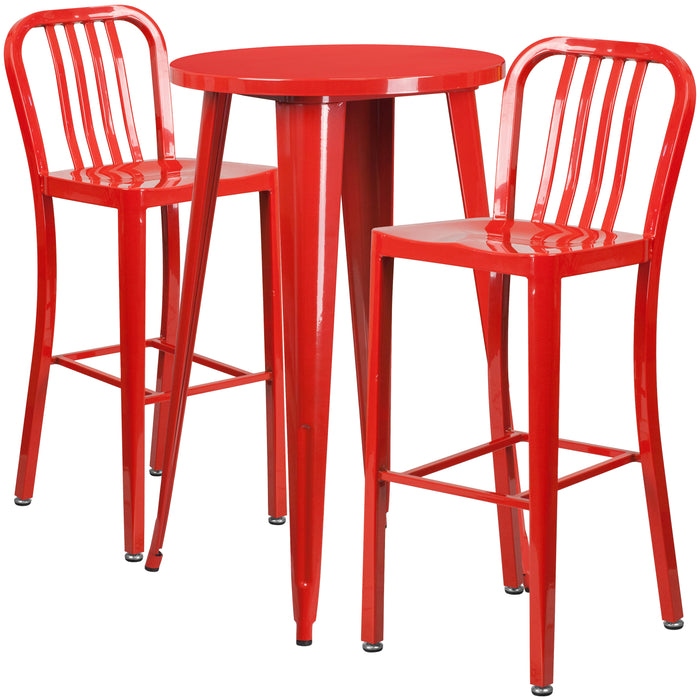 Commercial 24" Round Metal Indoor-Outdoor Bar Table Set & 2 Slat Back Stools
