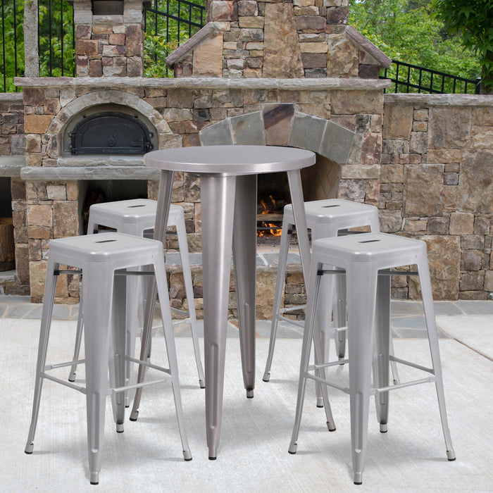 Commercial Grade 24" Round Metal Indoor-Outdoor Bar Table Set, 4 Backless Stools