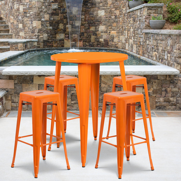 Commercial Grade 30" Round Metal Indoor-Outdoor Bar Table Set, 4 Backless Stools