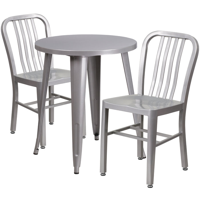 Commercial Grade 24" Round Metal Indoor-Outdoor Table Set & 2 Slat Back Chairs