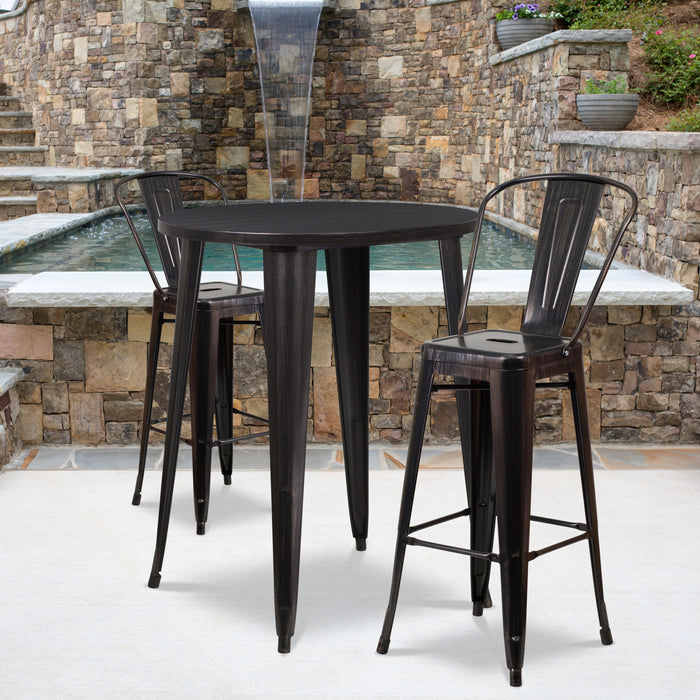 Commercial Grade 30" Round Metal Indoor-Outdoor Bar Table Set with 2 Cafe Stools