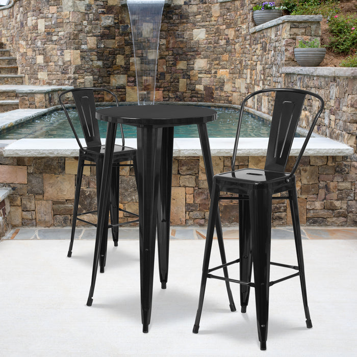 Commercial Grade 24" Round Metal Indoor-Outdoor Bar Table Set with 2 Cafe Stools