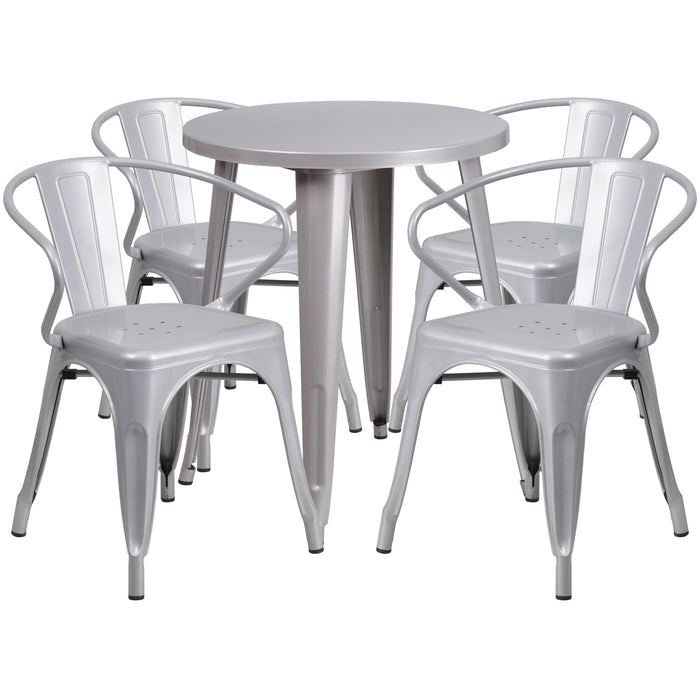 Commercial Grade 24" Round Metal Indoor-Outdoor Table Set with 4 Arm Chairs