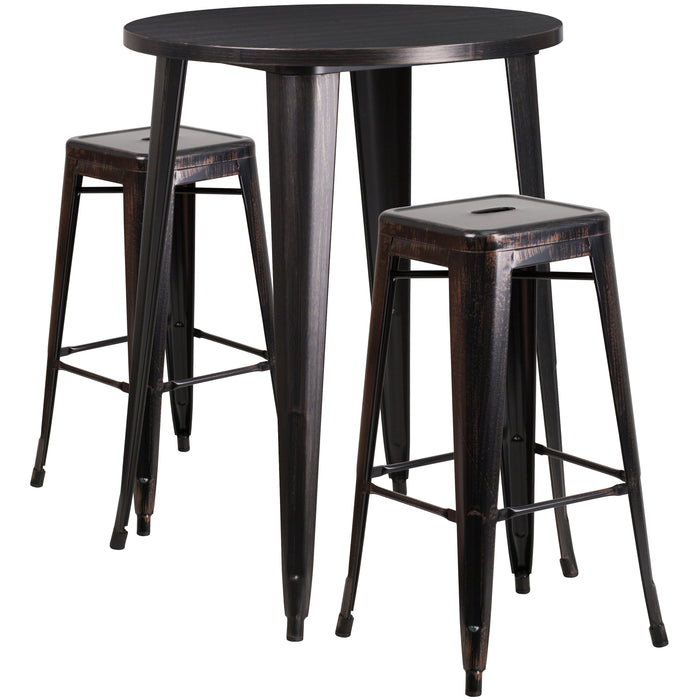 Commercial Grade 30" Round Metal Indoor-Outdoor Bar Table Set, 2 Backless Stools