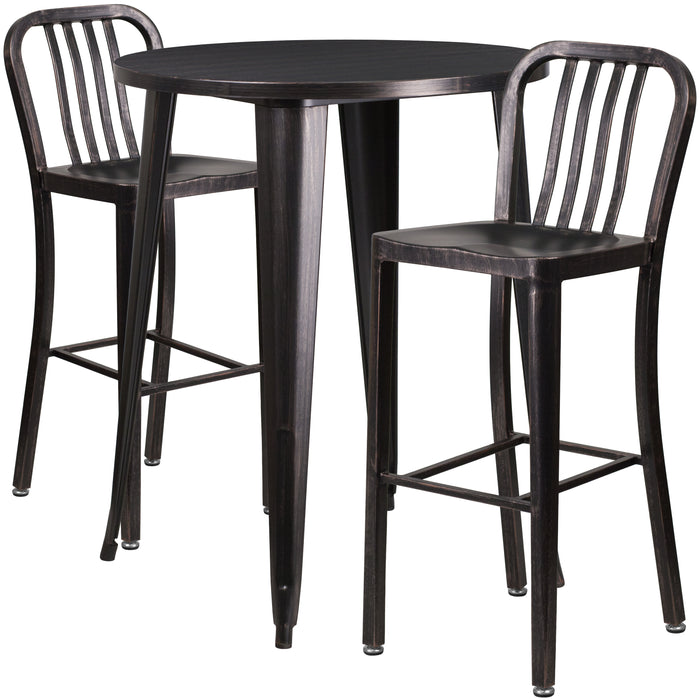Commercial 30" Round Metal Indoor-Outdoor Bar Table Set & 2 Slat Back Stools