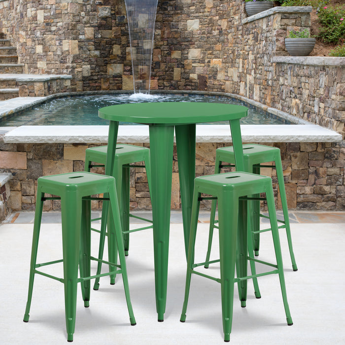 Commercial Grade 30" Round Metal Indoor-Outdoor Bar Table Set, 4 Backless Stools