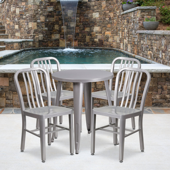 Commercial Grade 24" Round Metal Indoor-Outdoor Table Set & 4 Slat Back Chairs