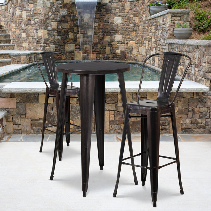 Commercial Grade 24" Round Metal Indoor-Outdoor Bar Table Set with 2 Cafe Stools
