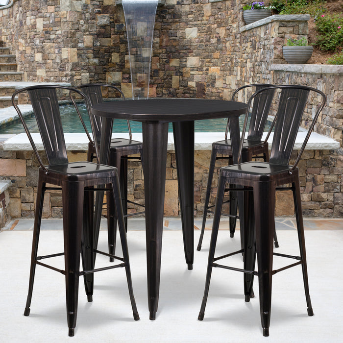 Commercial Grade 30" Round Metal Indoor-Outdoor Bar Table Set with 4 Cafe Stools