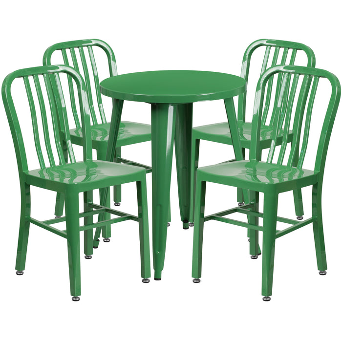 Commercial Grade 24" Round Metal Indoor-Outdoor Table Set & 4 Slat Back Chairs
