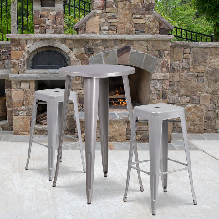 Commercial Grade 24" Round Metal Indoor-Outdoor Bar Table Set, 2 Backless Stools